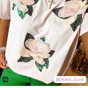 QUEEN OF SPARKLES White Pink Sequin Graphic Tee